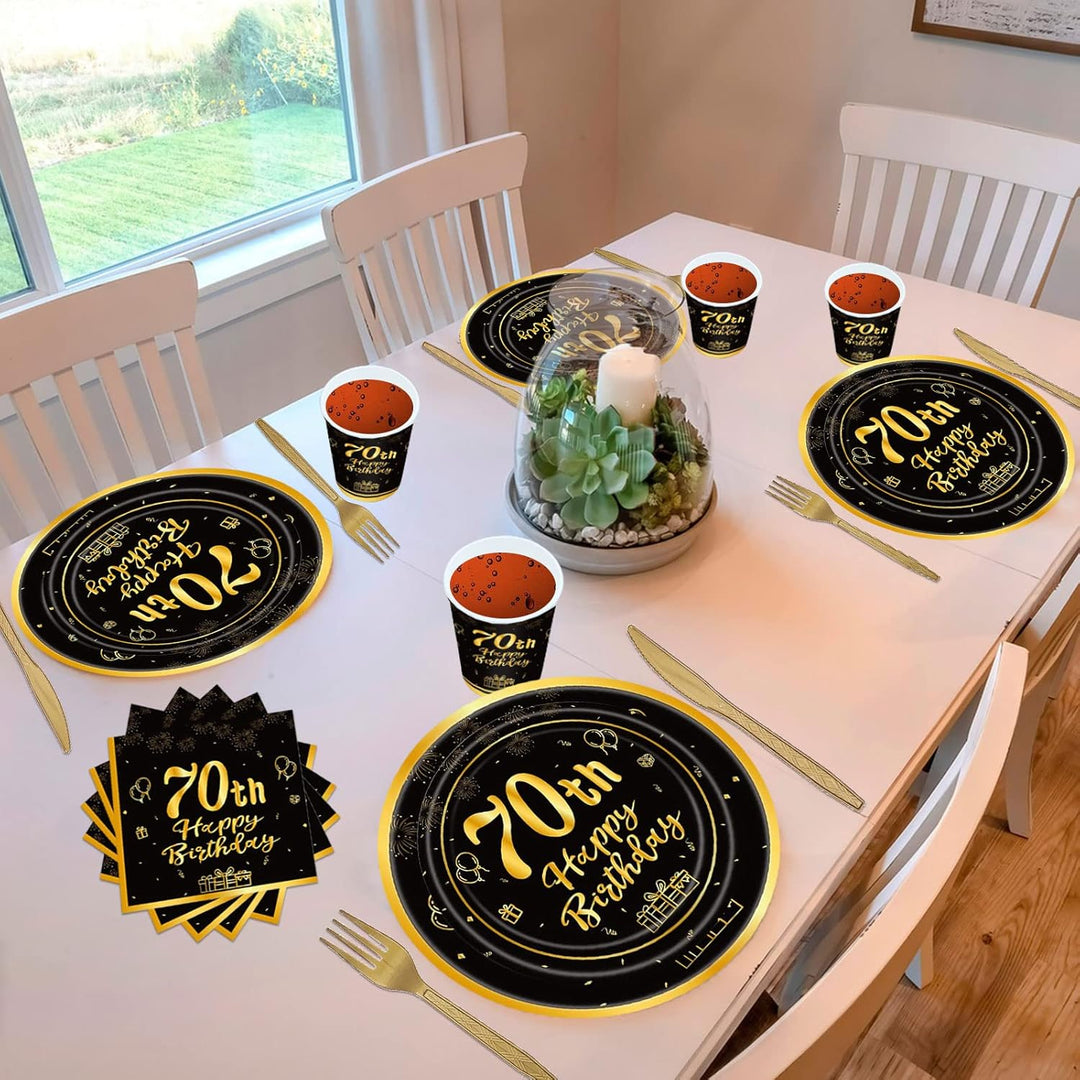 144PCS 70th Birthday Party Supplies Black and Gold 70 Years Birthday Plates and Napkins Tableware Set 70th Party Decorations Including Paper Plates Napkins Cups Forks Serve 24 for Men Women - Just Closeouts Canada Inc.