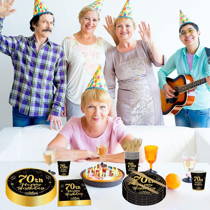 144PCS 70th Birthday Party Supplies Black and Gold 70 Years Birthday Plates and Napkins Tableware Set 70th Party Decorations Including Paper Plates Napkins Cups Forks Serve 24 for Men Women - Just Closeouts Canada Inc.