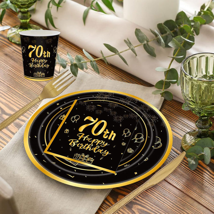 144PCS 70th Birthday Party Supplies Black and Gold 70 Years Birthday Plates and Napkins Tableware Set 70th Party Decorations Including Paper Plates Napkins Cups Forks Serve 24 for Men Women - Just Closeouts Canada Inc.