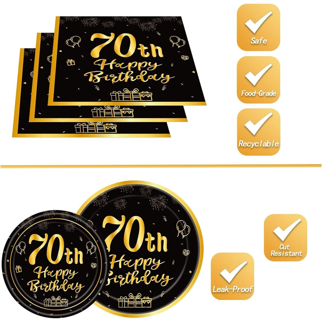 144PCS 70th Birthday Party Supplies Black and Gold 70 Years Birthday Plates and Napkins Tableware Set 70th Party Decorations Including Paper Plates Napkins Cups Forks Serve 24 for Men Women - Just Closeouts Canada Inc.