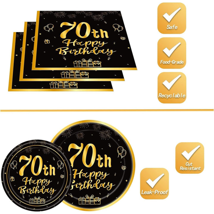 144PCS 70th Birthday Party Supplies Black and Gold 70 Years Birthday Plates and Napkins Tableware Set 70th Party Decorations Including Paper Plates Napkins Cups Forks Serve 24 for Men Women - Just Closeouts Canada Inc.