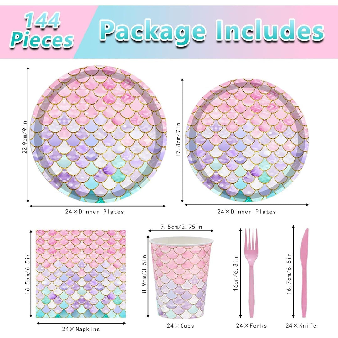 144PCS Mermaid Party Tableware Set Mermaid Birthday Party Supplies Sea - Maiden Plates Napkins Cups Forks Sea - Maiden Party Decorations Birthday Bridal Shower Baby Shower Decoration Serves 24 - Just Closeouts Canada Inc.
