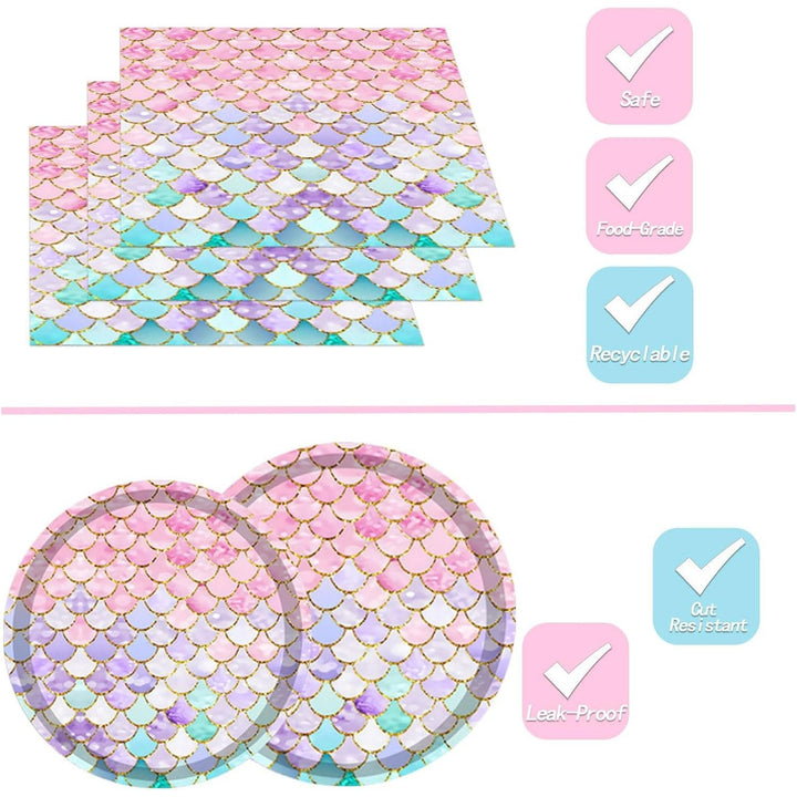 144PCS Mermaid Party Tableware Set Mermaid Birthday Party Supplies Sea - Maiden Plates Napkins Cups Forks Sea - Maiden Party Decorations Birthday Bridal Shower Baby Shower Decoration Serves 24 - Just Closeouts Canada Inc.