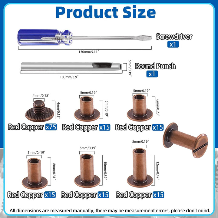 150 Sets Red Bronze Chicago Screws Assorted Kit - M5 x 5mm, 6mm, 8mm, 10mm, 12mm Rivets and 4x4mm Flat Head Stud Screw - Nail Rivet Button Screw Posts Metal Accessories (Red Bronze) - Just Closeouts Canada Inc.X00422TNJR
