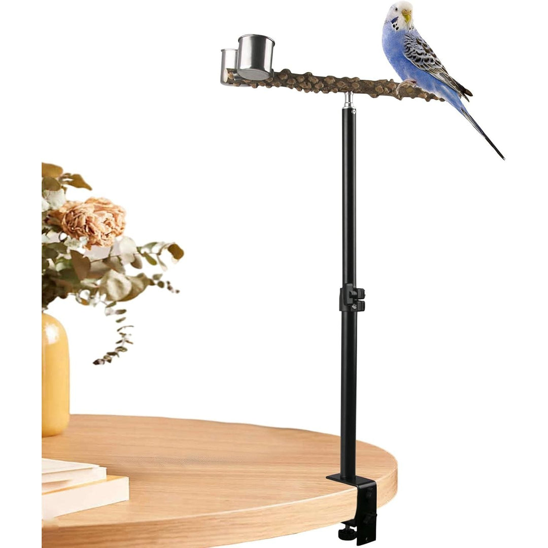18 - 29 Inch Height Adjustable Bird Perch Stand, Desktop Parrot Training Stand, Natural Pepper Wood Cockatiels Play Stand with Feeding Cups, Parakeets Perch Toy for Indoor Outdoor Bird Training - Just Closeouts Canada Inc.