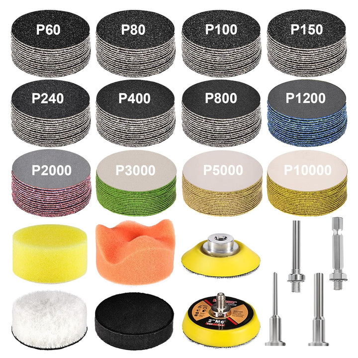 187 Pieces 2 Inch Sanding Disc, GOH DODD Hook and Loop Sanding Pads 60 to 10000 Wet Dry Sandpaper with 1/8" 1/4” Shank, Backing Pad, Polishing Pads and Interface Pad for Drill Grinder Rotary Tool - Just Closeouts Canada Inc.