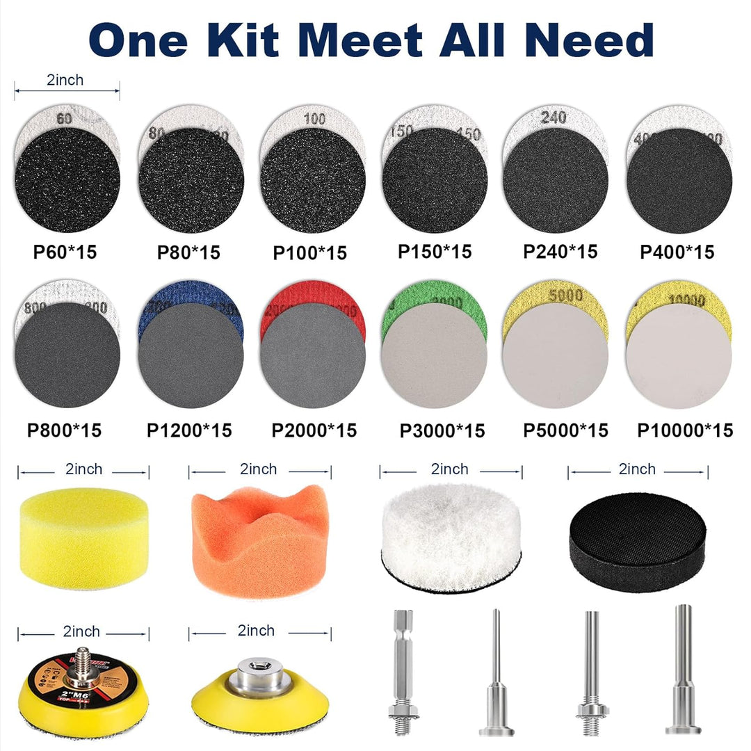 187 Pieces 2 Inch Sanding Disc, GOH DODD Hook and Loop Sanding Pads 60 to 10000 Wet Dry Sandpaper with 1/8" 1/4” Shank, Backing Pad, Polishing Pads and Interface Pad for Drill Grinder Rotary Tool - Just Closeouts Canada Inc.