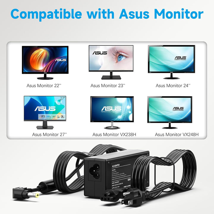 19V Power Cord for Asus 22'' 23'' 24'' 27'' LCD Monitor, VX238H VX238H - W VX228 VX228H VX248 VX248H Backlight LED G - SYNC Gaming Monitor; MX279H VX239H VX279H MX239H LS246H Power Supply Cord - Just Closeouts Canada Inc.