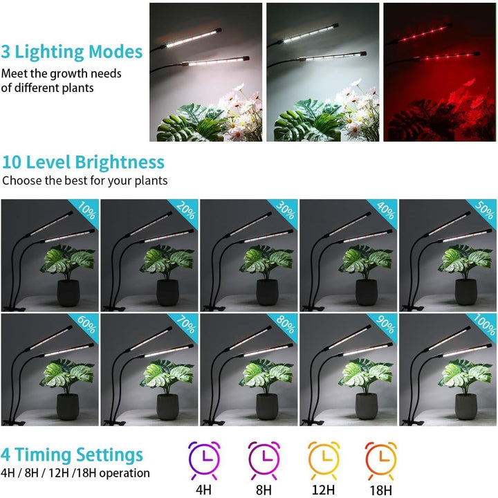 2 Head Black Grow Lights for Indoor Plants, 84LEDs Clip Plant Growing Lights, Full Spectrum LED Grow Lamps with Flexible Gooseneck and 4/8/12/18H Timer, 3 Spectral Modes, 10 Dimmable Levels - Just Closeouts Canada Inc.X004O1EECH