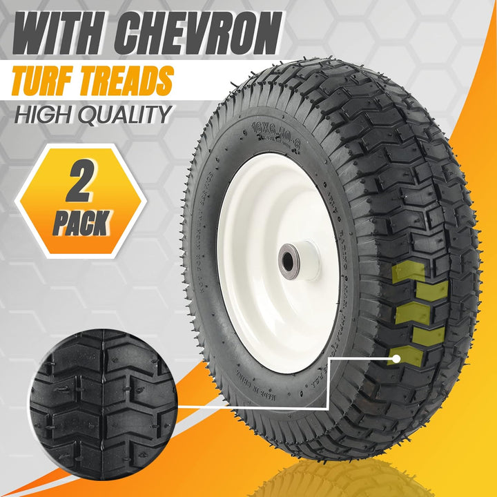 (2 - Pack) 16x6.50 - 8 Pneumatic Tires on Rim - Universal Fit Lawn Mower and Yard Tractor Wheels - With Chevron Turf Treads - 3" Centered Hub and 3/4" Bushings - 396 lbs Max Weight Capacity - Just Closeouts Canada Inc.