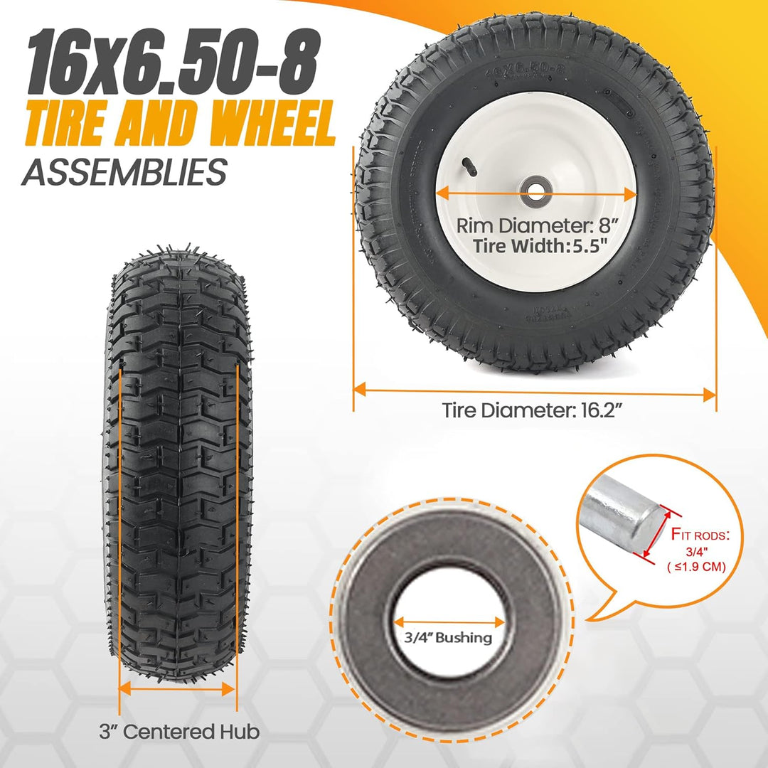 (2 - Pack) 16x6.50 - 8 Pneumatic Tires on Rim - Universal Fit Lawn Mower and Yard Tractor Wheels - With Chevron Turf Treads - 3" Centered Hub and 3/4" Bushings - 396 lbs Max Weight Capacity - Just Closeouts Canada Inc.