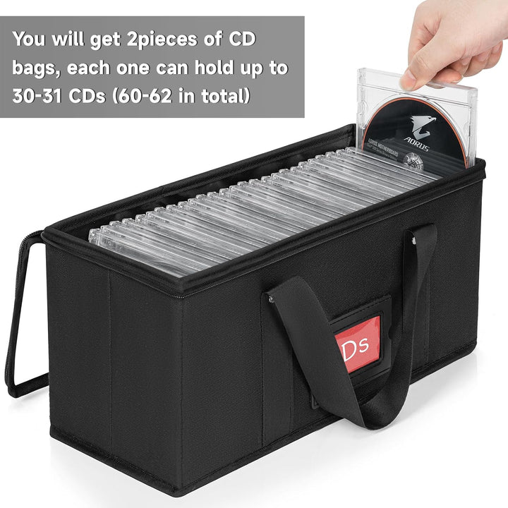 2 Pack CD Storage Boxes, CD Case Holder Organizer with Clear PVC Lid and Index Labels- 13.4"x 6.3"x 5.5" CDs Storage Holder Bags, Each Hold up to 31 CDs Jewel Cases or 170 Discs - Just Closeouts Canada Inc.X004BJO2YR