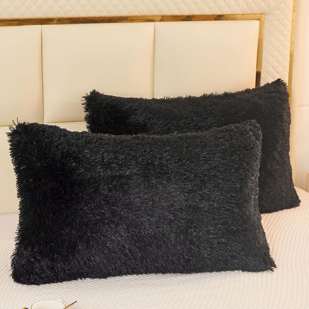 2 Pack Faux Fur Pillow Shams, Shaggy Plush Home Decorative Luxury Series Super Soft Furry Pillow Case with Zipper Closure for Home Sofa Couch Decoration,Standard Queen(Black,20"x26") - Just Closeouts Canada Inc.