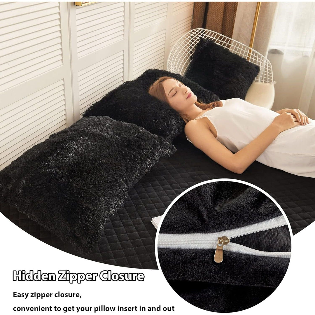 2 Pack Faux Fur Pillow Shams, Shaggy Plush Home Decorative Luxury Series Super Soft Furry Pillow Case with Zipper Closure for Home Sofa Couch Decoration,Standard Queen(Black,20"x26") - Just Closeouts Canada Inc.