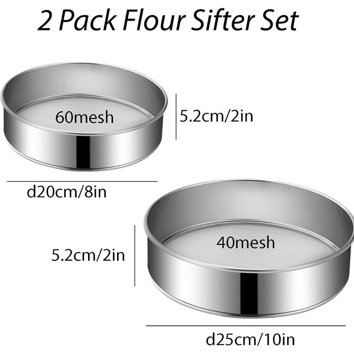 2 Pack Flour Sifter, Stainless Steel Fine Mesh Strainers Flour Sieve,8 Inch 60 Mesh and 10 Inch 40 Mesh for Baking Cake Bread (8"/60 mesh and 10"/40 mesh) - Just Closeouts Canada Inc.