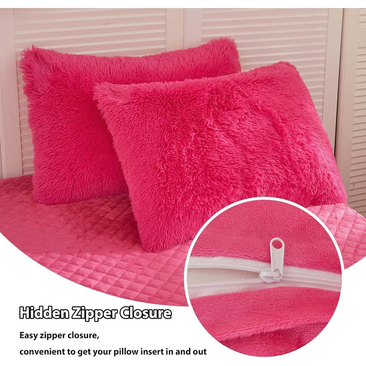 2 Pack Shaggy Plush Faux Fur Pillow Shams 20"x26" Pillow Cases Fluffy Decorative Pillowcases Zipper Closure,No Pillow Insert (Hot Pink, Standard) - Just Closeouts Canada Inc.
