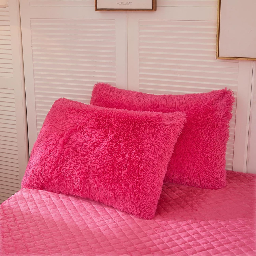 2 Pack Shaggy Plush Faux Fur Pillow Shams 20"x26" Pillow Cases Fluffy Decorative Pillowcases Zipper Closure,No Pillow Insert (Hot Pink, Standard) - Just Closeouts Canada Inc.