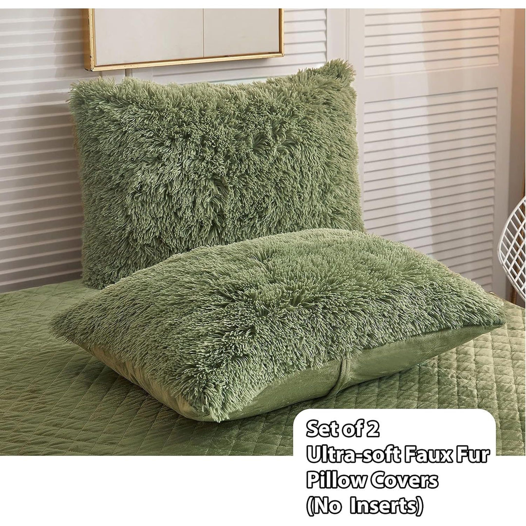 2 Pack Shaggy Plush Faux Fur Pillow Shams Velvet Reverse, Decorative Throw Pillow Covers, Fluffy Pillowcases Zipper Closure for Couch,Sofa,Bed King(Sage Green,20"x26") - Just Closeouts Canada Inc.