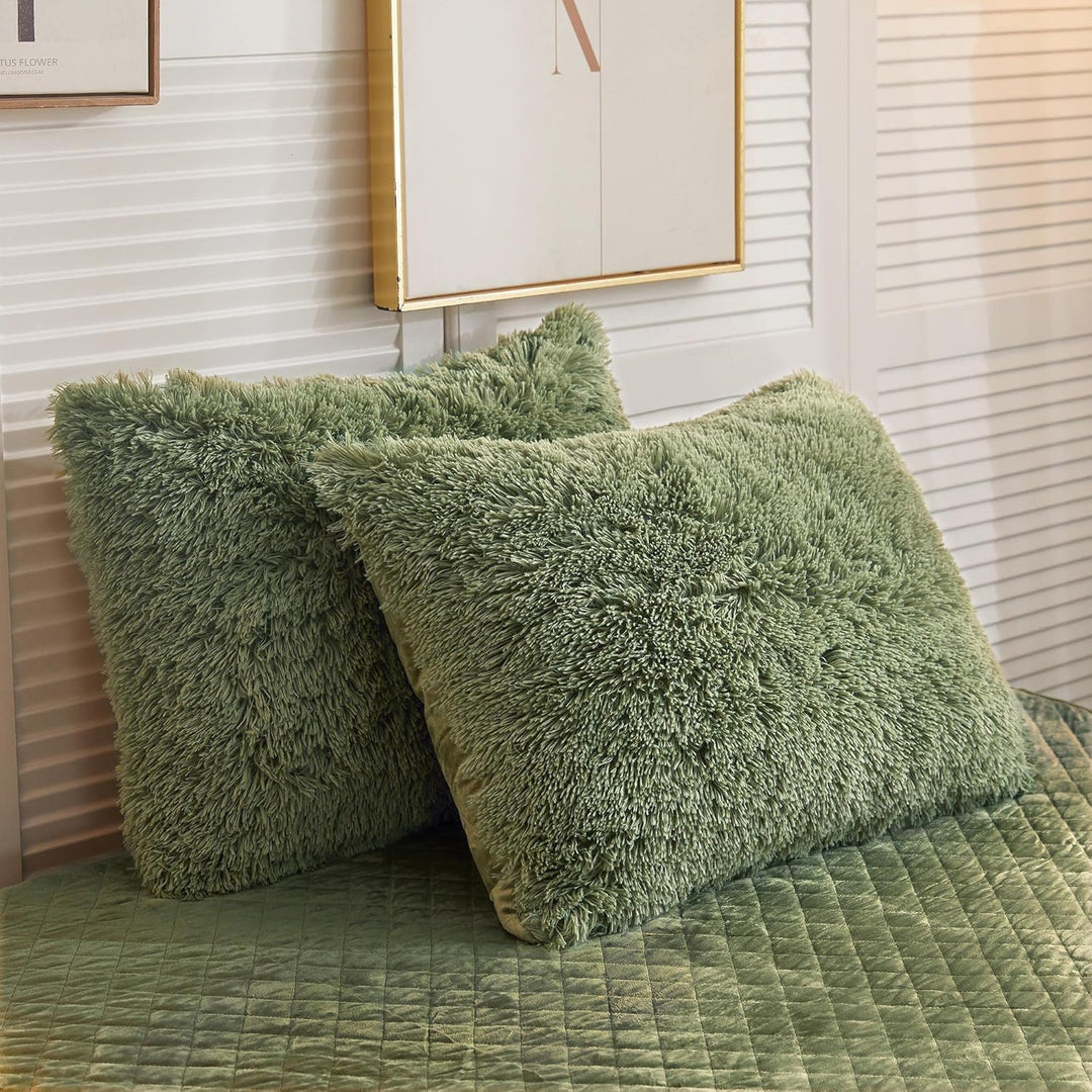 2 Pack Shaggy Plush Faux Fur Pillow Shams Velvet Reverse, Decorative Throw Pillow Covers, Fluffy Pillowcases Zipper Closure for Couch,Sofa,Bed King(Sage Green,20"x26") - Just Closeouts Canada Inc.