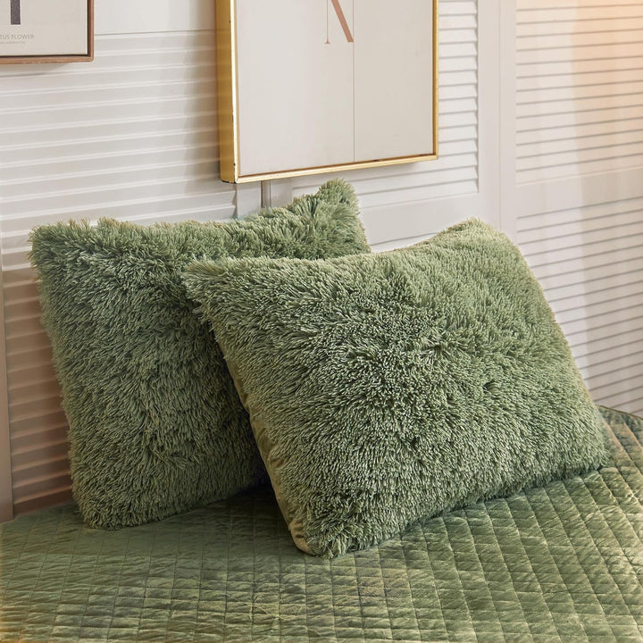 2 Pack Shaggy Plush Faux Fur Pillow Shams Velvet Reverse, Decorative Throw Pillow Covers, Fluffy Pillowcases Zipper Closure for Couch,Sofa,Bed King(Sage Green,20"x26") - Just Closeouts Canada Inc.