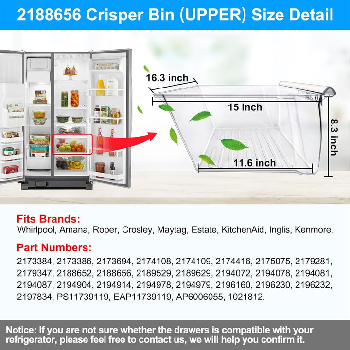[2 Pack] Upgraded 2188656 Fridge Crisper Drawer (UPPER) & 2188664 Fridge Crisper Bin (LOWER) Compatible with Whirlpool Kenmore Refrigerator Drawers with Humidity Control, Food - grade Materials - Just Closeouts Canada Inc.