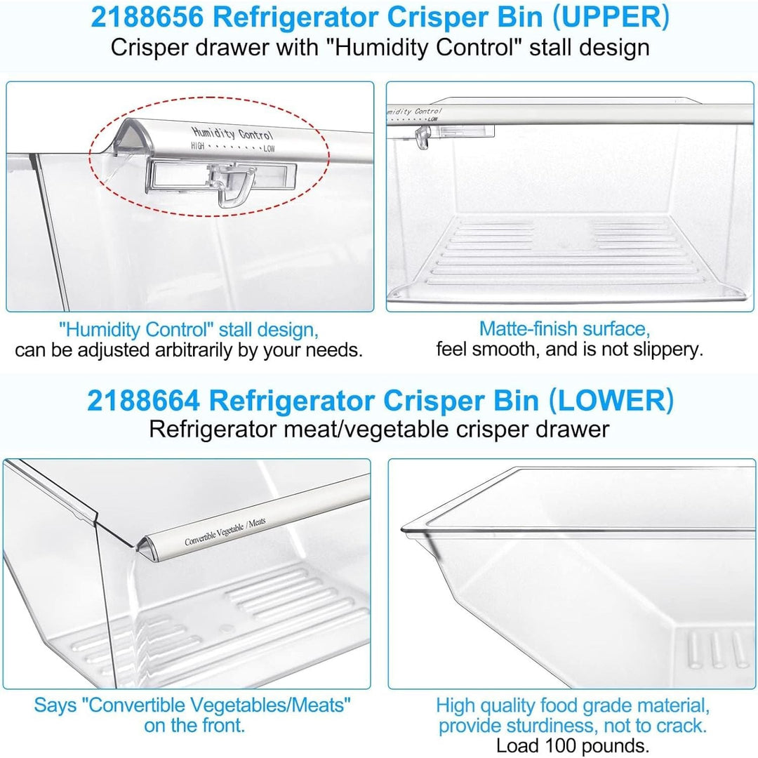 [2 Pack] Upgraded 2188656 Fridge Crisper Drawer (UPPER) & 2188664 Fridge Crisper Bin (LOWER) Compatible with Whirlpool Kenmore Refrigerator Drawers with Humidity Control, Food - grade Materials - Just Closeouts Canada Inc.