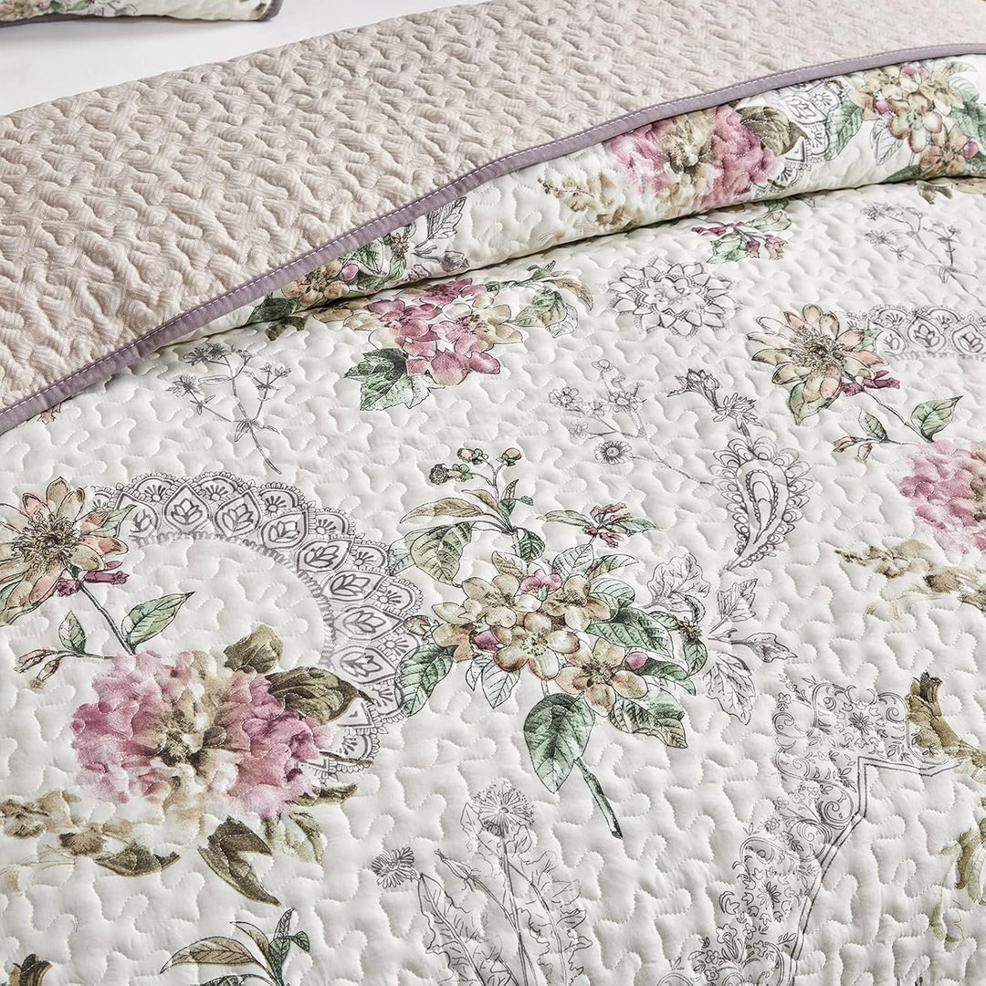 2 Pieces Twin Size Quilt Set, Beige Floral Reversible Bedspread Coverlet Set, Soft Microfiber Lightweight Bed Cover for Kids (68" x 86", 1 Quilt+ 1 Pillow Sham) - Just Closeouts Canada Inc.