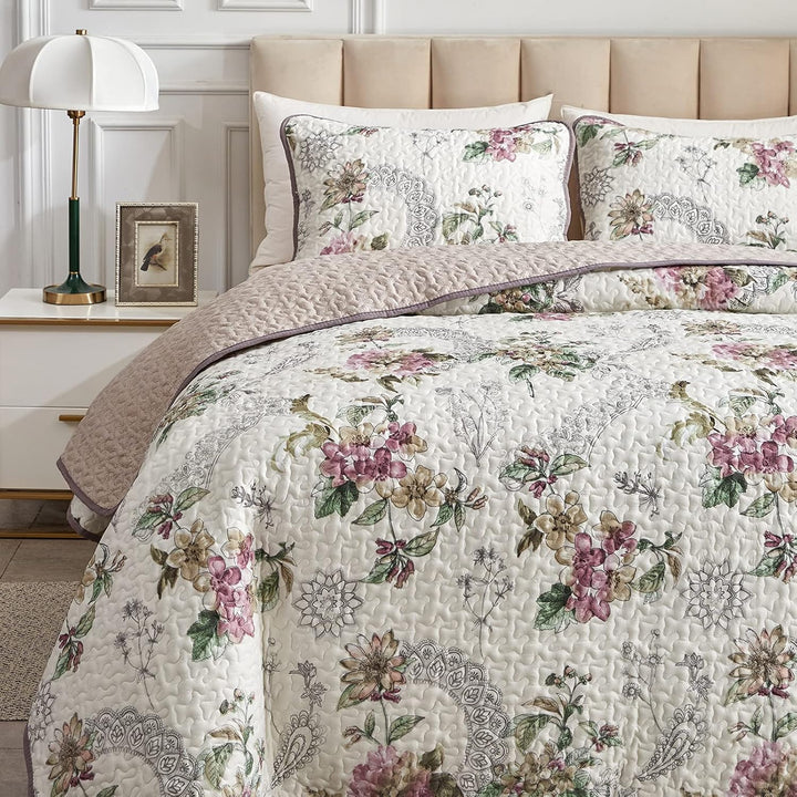 2 Pieces Twin Size Quilt Set, Beige Floral Reversible Bedspread Coverlet Set, Soft Microfiber Lightweight Bed Cover for Kids (68" x 86", 1 Quilt+ 1 Pillow Sham) - Just Closeouts Canada Inc.