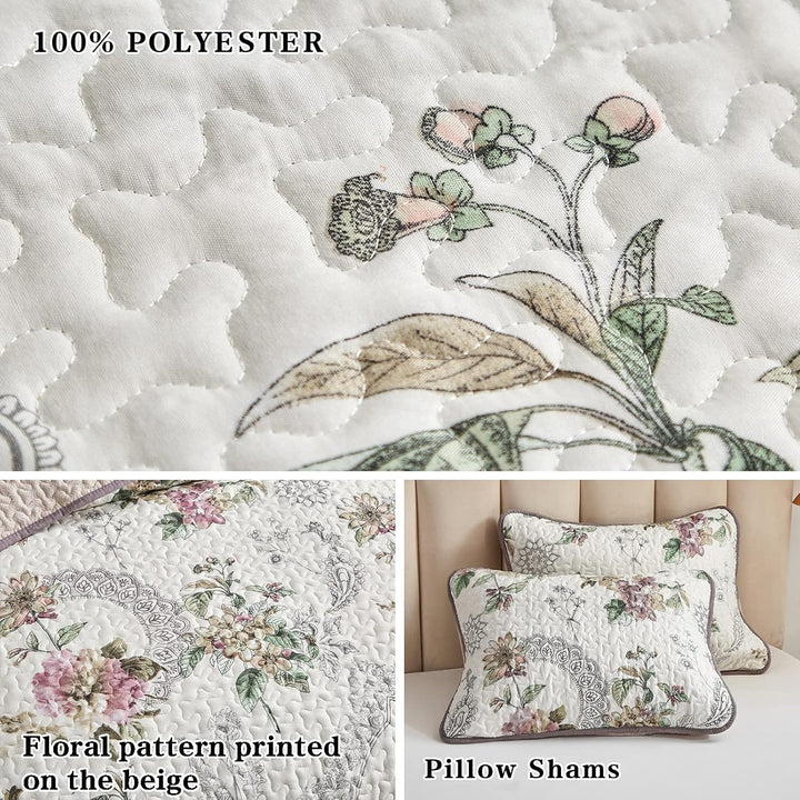 2 Pieces Twin Size Quilt Set, Beige Floral Reversible Bedspread Coverlet Set, Soft Microfiber Lightweight Bed Cover for Kids (68" x 86", 1 Quilt+ 1 Pillow Sham) - Just Closeouts Canada Inc.