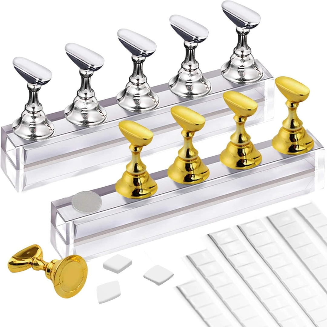 2 Set Acrylic Nail Art Holder Practice Display Stand with 102Pcs White Reusable Adhesive Putty, Magnetic Nail Art Tips Holders Training Fingernail DIY Display Stands(Gold and Silver) - Just Closeouts Canada Inc.
