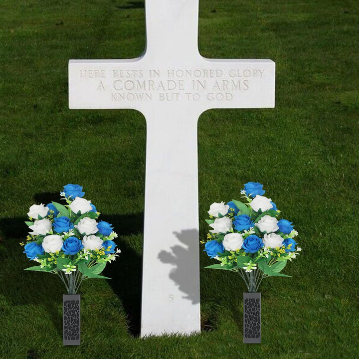 2 Sets Artificial Cemetery Flowers,Artificial Cemetery Flowers with Vase,Memorial Flowers,Artificial Rose Bouquet Graveyard Memorial Flowers for Cemetery Headstones Decoration (Dark Blue and white) - Just Closeouts Canada Inc.