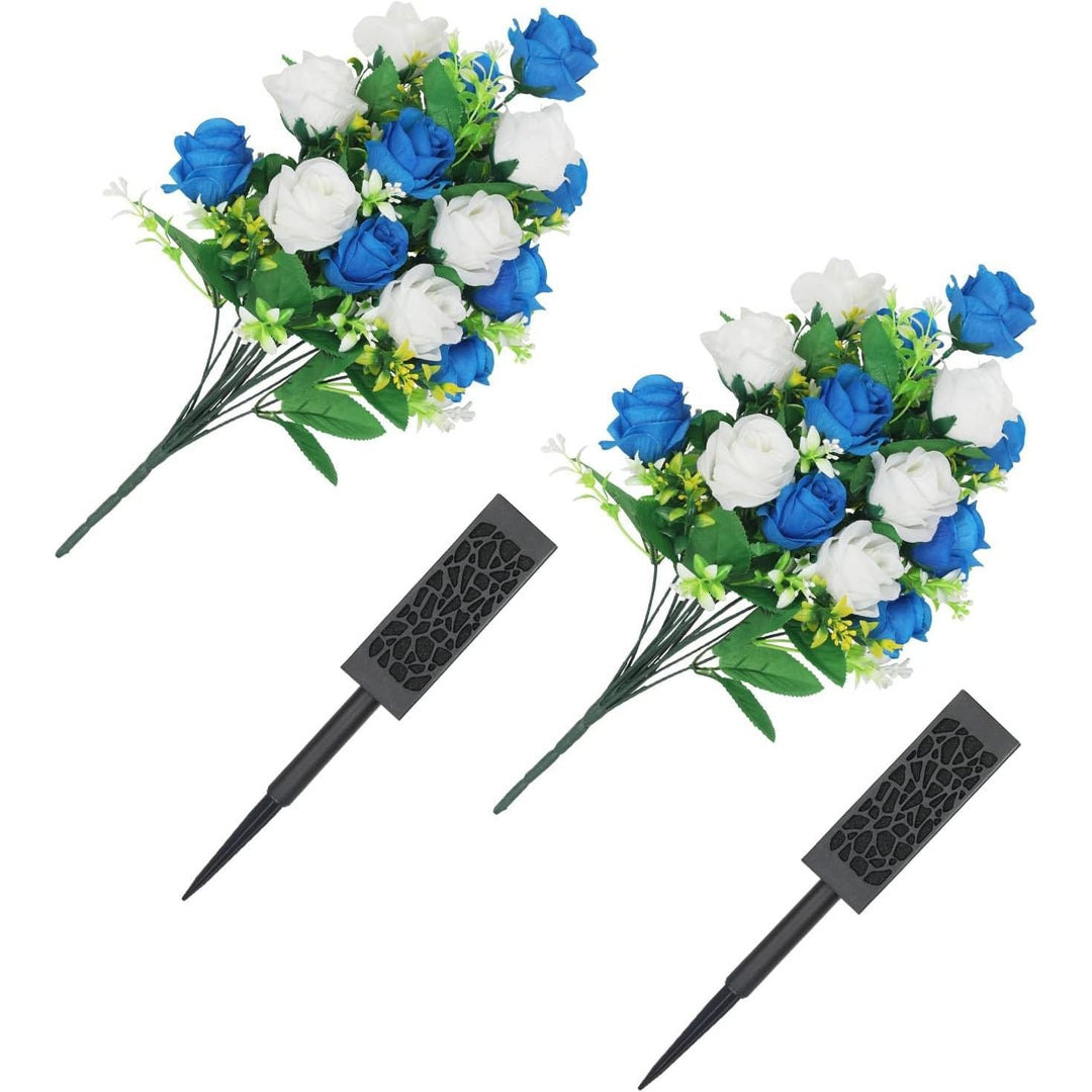 2 Sets Artificial Cemetery Flowers,Artificial Cemetery Flowers with Vase,Memorial Flowers,Artificial Rose Bouquet Graveyard Memorial Flowers for Cemetery Headstones Decoration (Dark Blue and white) - Just Closeouts Canada Inc.