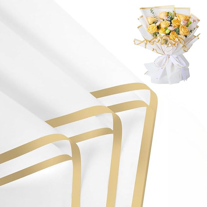 20 Sheets White Bouquet Wrapping Paper with Gold Edge - Just Closeouts Canada Inc.X004R6RXGN