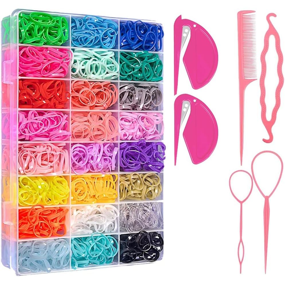 2000 Mini Hair Ties in 24 Colours with Organizer and 6 Styling Tools - Just Closeouts Canada Inc.
