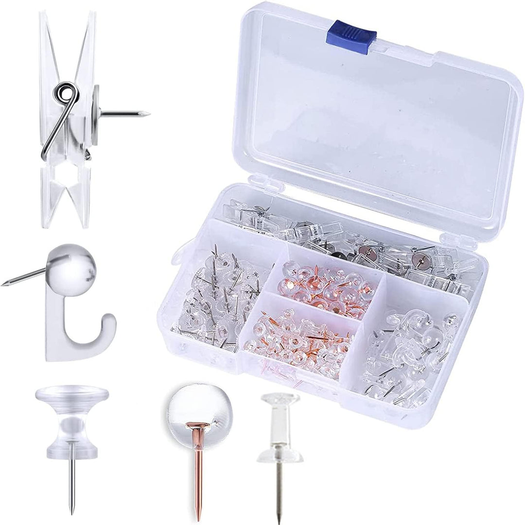 200pcs Push Pins Set, 5 Styles Clear Pushpin Clips with Stainless Steel Tips Heavy Duty Hooked Thumb Tacks, Decorative Plastic Heads Point Hook for Cork Board Foam Bulletin Board Artworks - Just Closeouts Canada Inc.