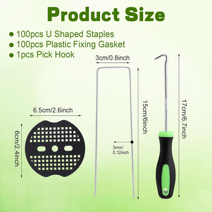 201 Pcs Garden Stakes Staples Kit, 100 Pcs 6 Inch U Shaped Landscape Staples with 100 Pcs Gaskets and 1 Pcs Pick Hook, Galvanized Ground Stakes for Weed Barrier Fabric, Ground Cover, Holding Fence - Just Closeouts Canada Inc.X004YQXV99