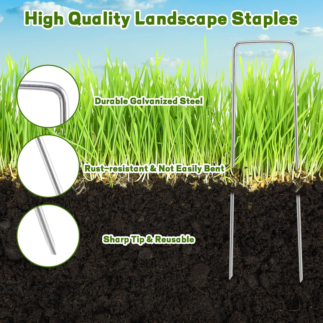 201 Pcs Garden Stakes Staples Kit, 100 Pcs 6 Inch U Shaped Landscape Staples with 100 Pcs Gaskets and 1 Pcs Pick Hook, Galvanized Ground Stakes for Weed Barrier Fabric, Ground Cover, Holding Fence - Just Closeouts Canada Inc.X004YQXV99