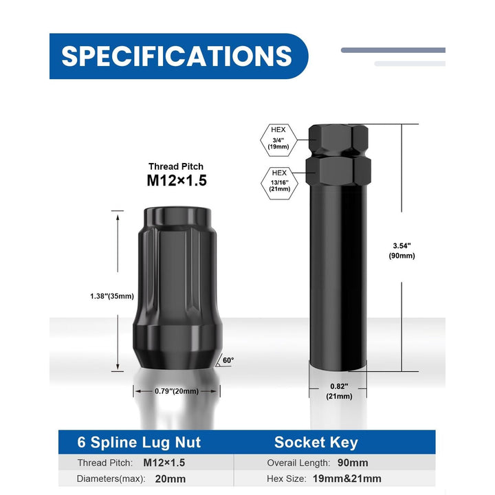 20pcs Black 12x1.5 Lug Nuts, Closed End Acorn Spline Tuner Lug Nuts 1.38" Tall Conical/Cone Seat for Aftermarket Wheels, Pack of 20+1 Socket Key - Just Closeouts Canada Inc.B08KXW3PG7