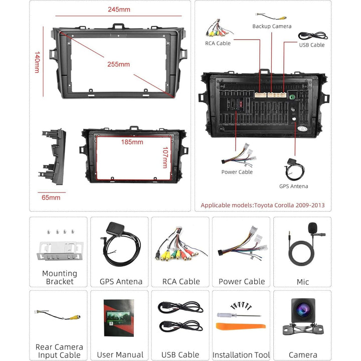 2G 32G Android Car Stereo for Toyota Corolla 2009 - 2013 with Carplay Android Auto 9’’ Touch Screen Car Radio Bluetooth GPS WiFi FM Mirror Link RCA USB SWC + Backup Camera - Just Closeouts Canada Inc.