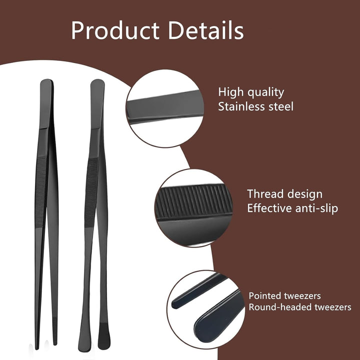 2pk 12 - inch Kitchen Thin Tweezers, Stainless Steel Cooking Anti - Slip Long Tweezers, Food Tongs, Service Tongs, Suitable for Barbecuing, Seafood, Serving Food, Pasta, Salad (Black) - Just Closeouts Canada Inc.