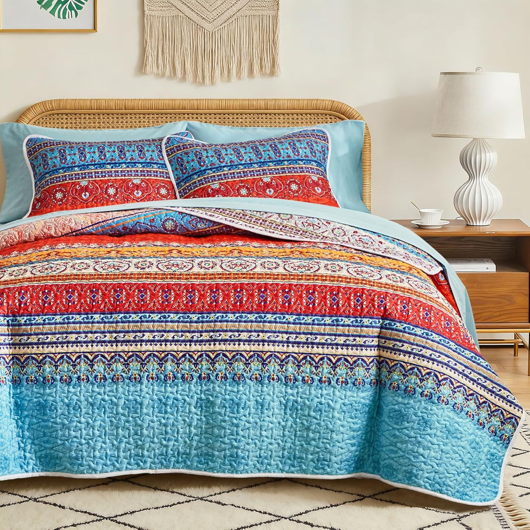 3 Pieces Colorful Bohemian Quilt Set California King Size, Boho Striped Blue n Red Printed Bedding Bedspread Coverlet Set for Summer, Soft Lightweight Microfiber Quilt with 2 Shams (102x114 inces) - Just Closeouts Canada Inc.