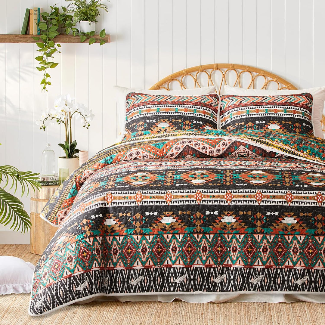 3 Pieces Colorful Bohemian Quilt Set Full Queen Size, Brown Boho Striped Printed Bedding Bedspread Coverlet Set for Summer, Soft Lightweight Microfiber Quilt with 2 Shams (88x88 inces) - Just Closeouts Canada Inc.