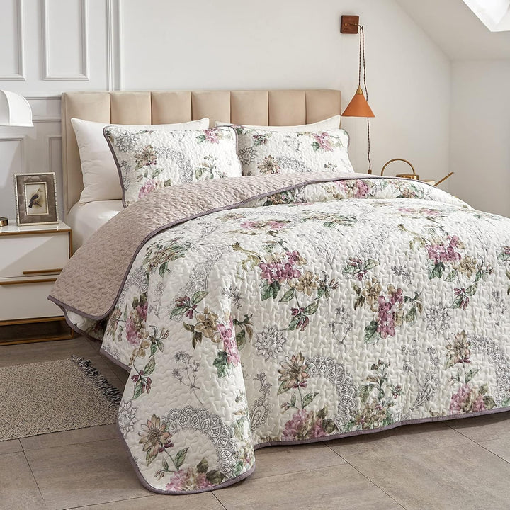 3 Pieces King Size Quilt Set, Beige Floral Reversible Bedspread Coverlet Set, Soft Microfiber Lightweight Bed Cover for All Season (102" x 90", 1 Quilt+ 2 Pillow Shams) - Just Closeouts Canada Inc.