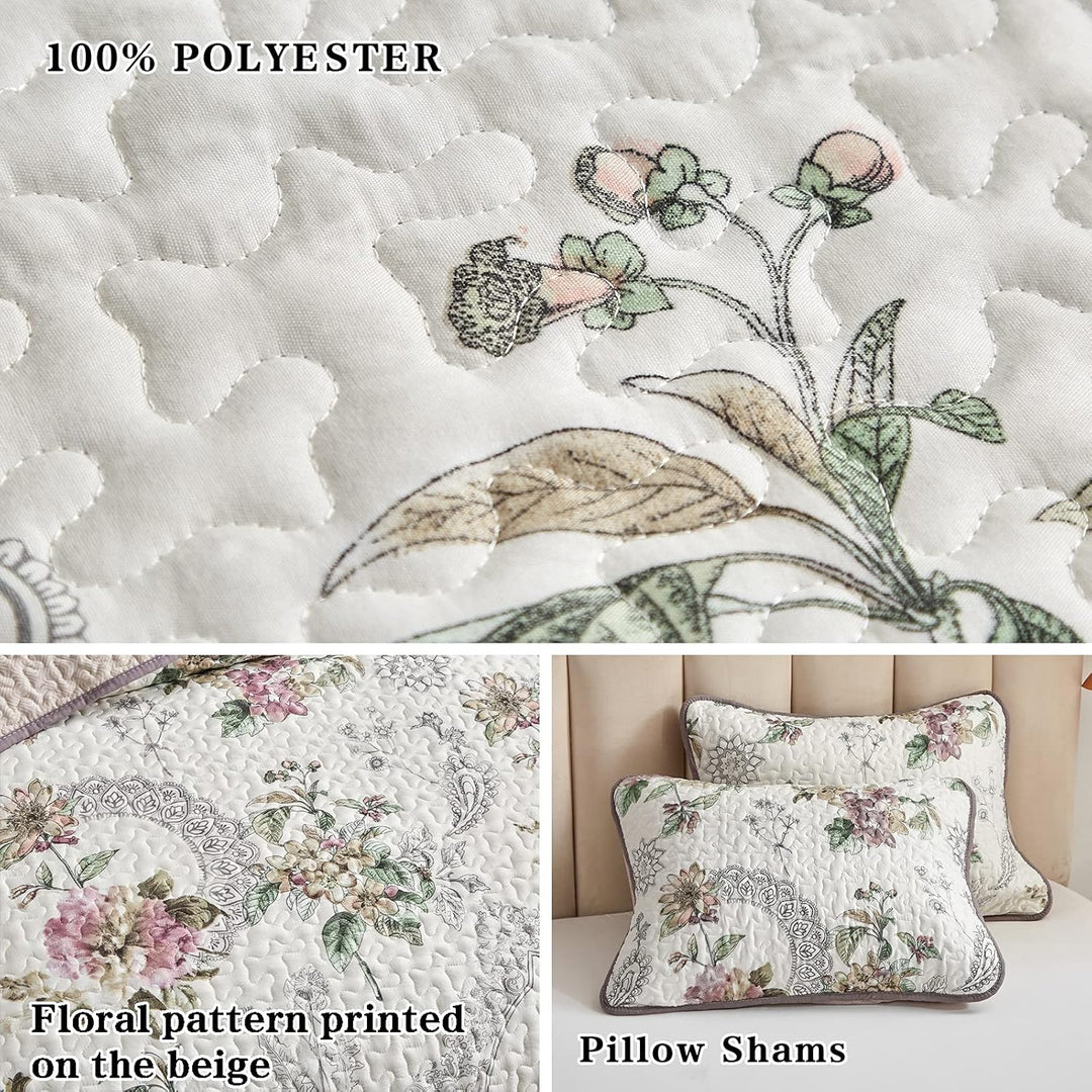 3 Pieces King Size Quilt Set, Beige Floral Reversible Bedspread Coverlet Set, Soft Microfiber Lightweight Bed Cover for All Season (102" x 90", 1 Quilt+ 2 Pillow Shams) - Just Closeouts Canada Inc.