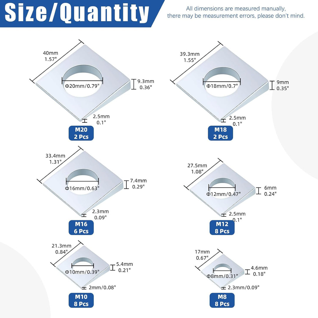 34pcs M8/M10/M12/M16/M18/M20 Square Beveled Washers Kit, Zinc Plated Carbon Steel Wedge Washer, Heavy Duty Leveling Washer for Shim Leveling/I-Beams/Slot Section - Just Closeouts Canada Inc.X004ON5UHX