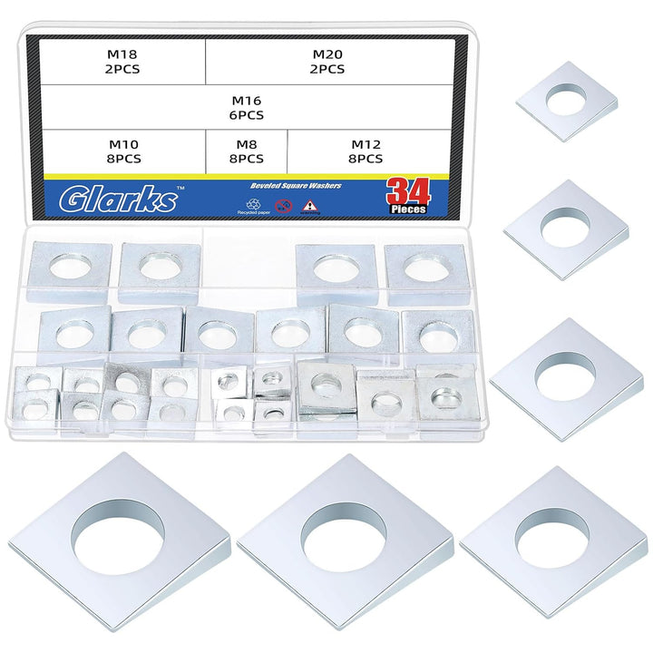 34pcs M8/M10/M12/M16/M18/M20 Square Beveled Washers Kit, Zinc Plated Carbon Steel Wedge Washer, Heavy Duty Leveling Washer for Shim Leveling/I-Beams/Slot Section - Just Closeouts Canada Inc.X004ON5UHX