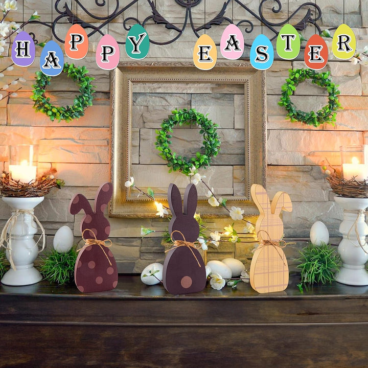 3Pcs Easter Bunny Table Wooden Signs Wooden Plaque Bunny Shaped Farmhouse Decor Spring Bunny Wood Tabletop Easter Decorations Living Dining Room Table Decor Sign with Rope - Just Closeouts Canada Inc.