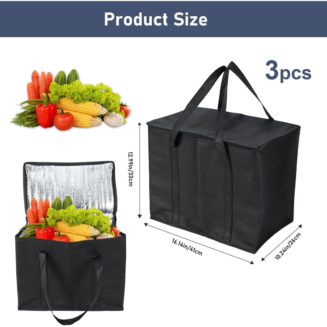 3Pcs Insulated Grocery Shopping Bag, FHDUSRYO 40L Large Black Food Delivery Bags, Durable Thermal Cooler Bags with Handles and Bottom Plates, Reusable Lunch Container for Grocery, Catering - Just Closeouts Canada Inc.