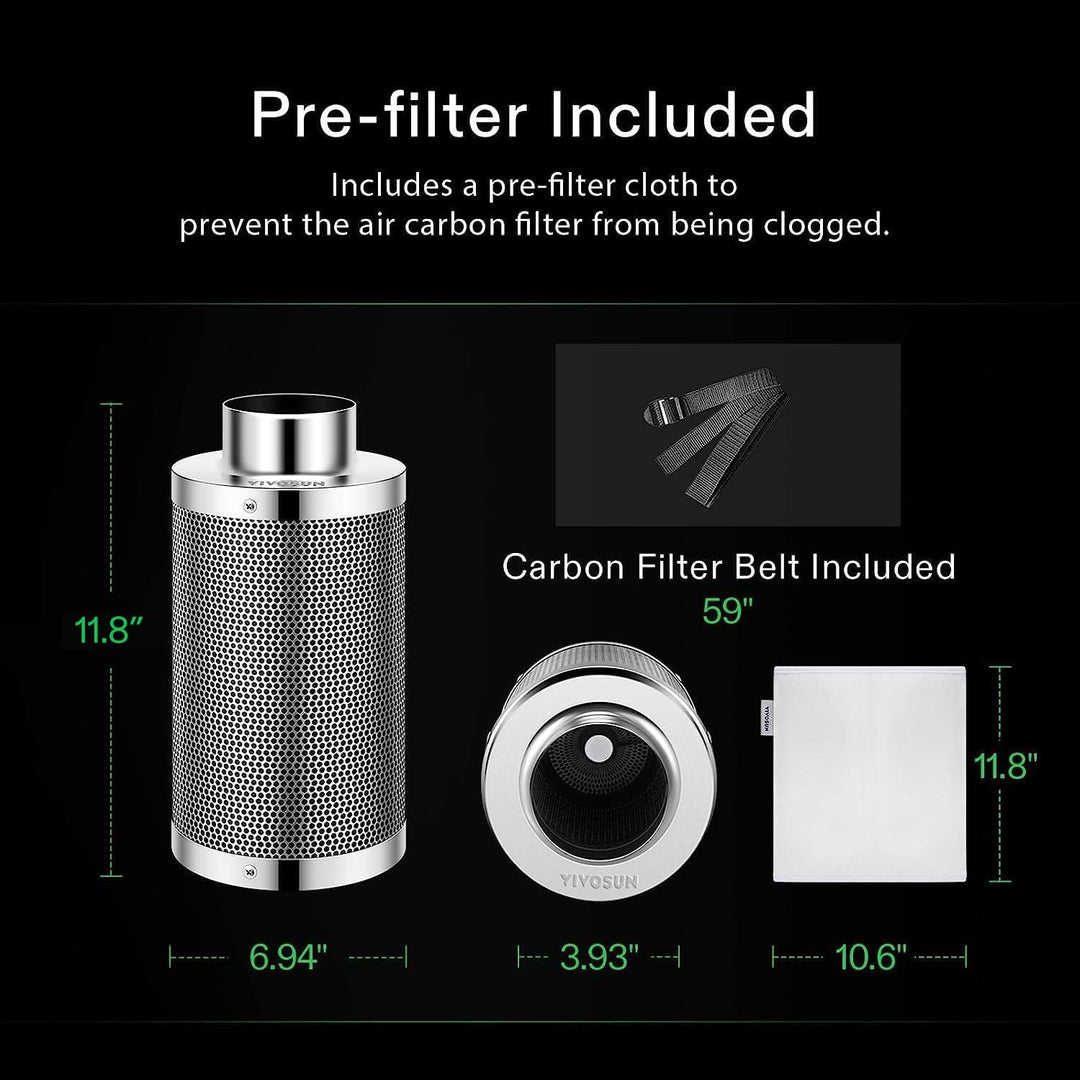 4-Inch Duct Carbon Filter with Pre-Filter, Silver, 12-Inch Body - Just Closeouts Canada Inc.