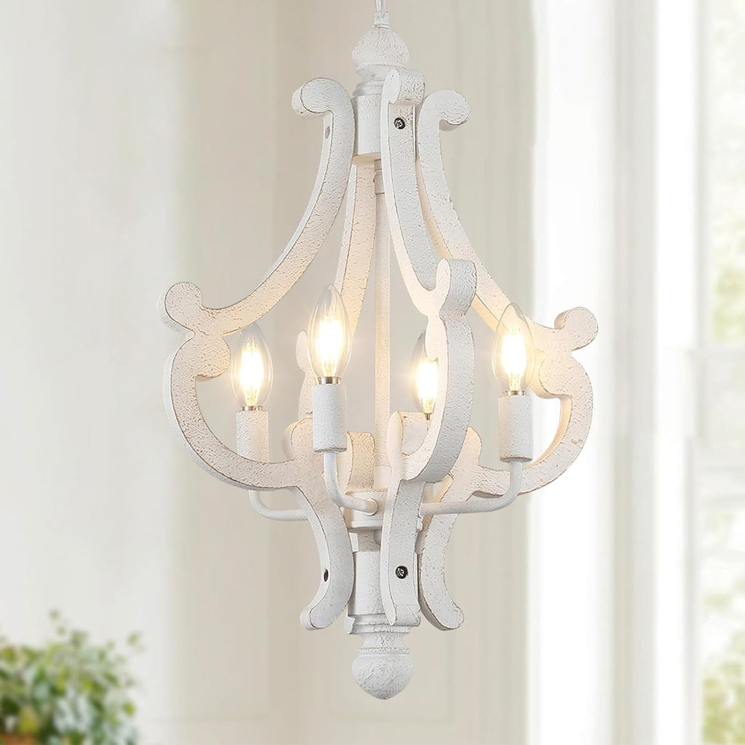 4-Light Distressed White Wooden Farmhouse Chandelier - Just Closeouts Canada Inc.
